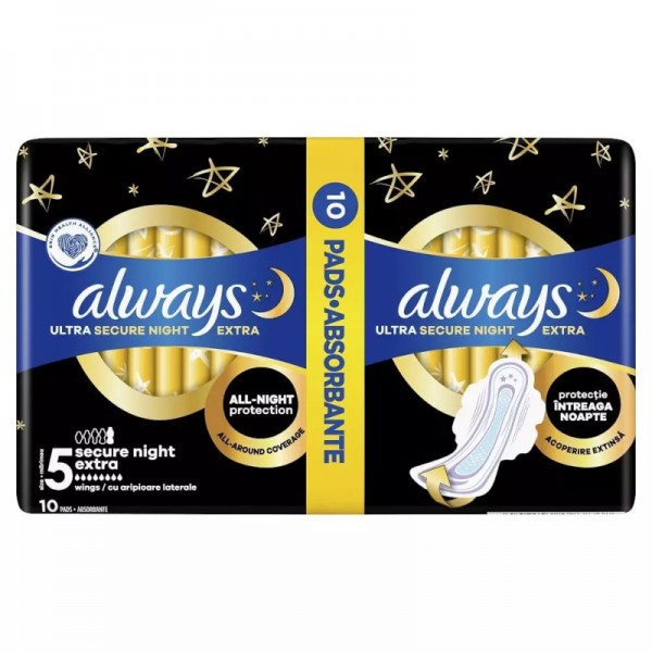Σερβιέτες με Φτερά Ultra Secure Night Always (Μέγεθος 5) 10τμχ