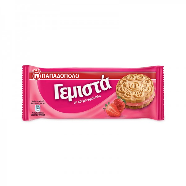 Μπισκότα Γεμιστά με κρέμα Φράουλα Παπαδοπούλου 58gr