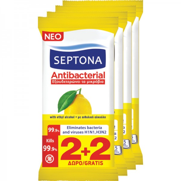 Μαντηλάκια Χεριών με Άρωμα Λεμόνι Antibacterial Septona 4x15τμχ 2+2 Δώρο