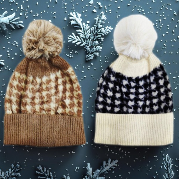 Σκούφος Pom Pom Καρό με Επένδυση Fleece...