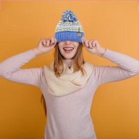 Σκούφος Πλεκτός Pom Pom με Επένδυση Fleece Μπλε Ανοιχτό 2